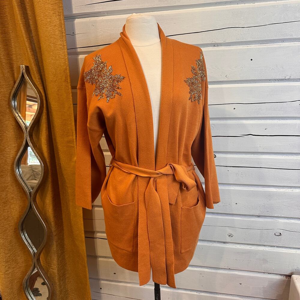 Max Sport LA Embellished Tie-Waist Cardigan Burnt Orange Women’s M NWT